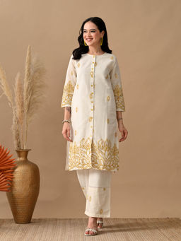 MYSHKA - Women Yellow Embroidered Co-Ord Set