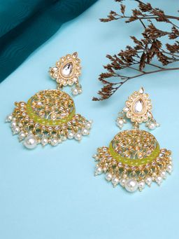Karatcart - Gold Plated Handcrafted Light Green Meena and Pearl Long Dangler Earrings for Women