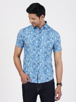 JadeBlue - Mens Slim Fit Printed Cotton Casual Shirt - Blue