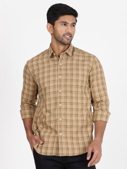 JadeBlue - Mens Khaki Cotton Slim Fit Checked Shirt