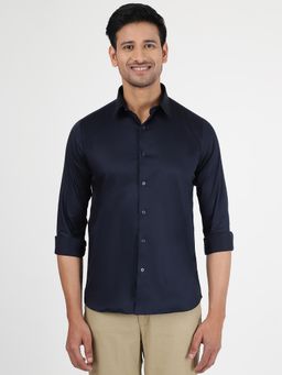 JadeBlue - Mens Navy Blue Slim Fit Cotton Solid Casual Shirt