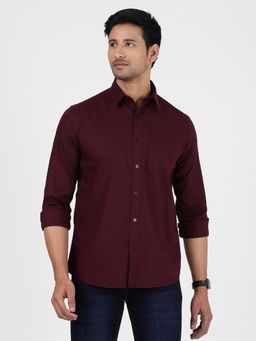 Greenfibre - Mens Wine Cotton Regular Fit Solid Semi Casual Shirt
