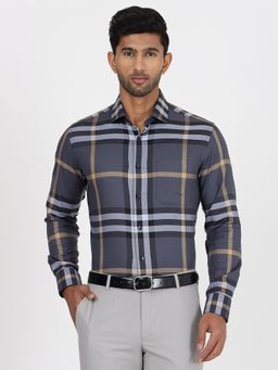 Metal - Mens Dark Grey Slim Fit Checked Cotton Formal Shirt
