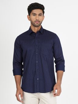 JadeBlue - Mens Navy Blue Cotton Slim Fit Printed Semi Casual Shirt