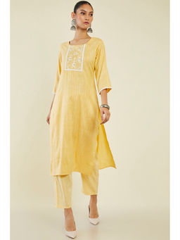 Soch - Women Yellow Viscose Stripes Kurta (Set of 2)