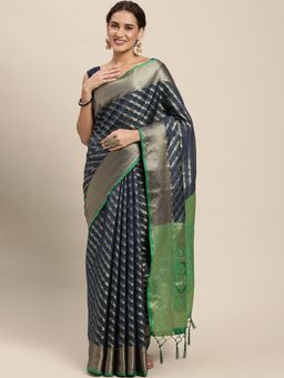 Sangam Prints - Navy Blue Silk Woven Zari Work Tassle Saree with Unstitched Blouse with Unstitched