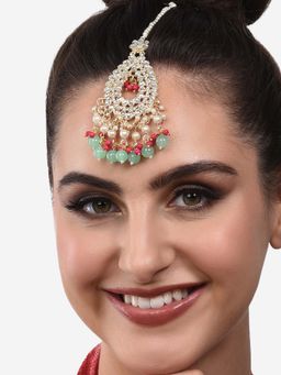 Zaveri Pearls - Pink & Green Cluster Drops Ethnic Kundan Maangtikka-ZPFK13789