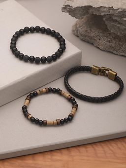 Gahan - Men's Pack of 3 Brown and Black Elasticated Beaded bracelet