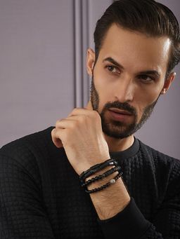 Gahan - Men Pack of 3 Black Beaded Elasticated & Leather Wraparound Bracelet