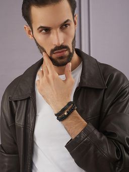 Gahan - Men Pack of 3 Black Beaded Elasticated & Leather Wraparound Bracelet