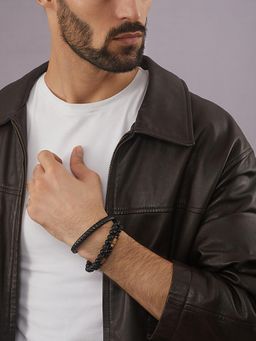 Gahan - Men Pack of 3 Brown Beaded Elasticated & Black Leather Wraparound Bracelet