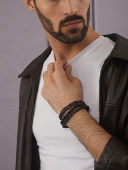 Gahan - Men Pack of 3 Brown Beaded Elasticated & Leather Wraparound Bracelet