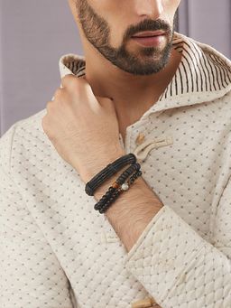 Gahan - Men Pack of 3 Black Beaded Elasticated & Leather Wraparound Bracelet