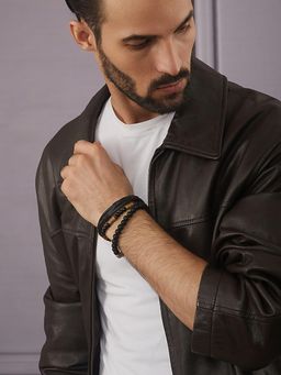 Gahan - Men Pack of 3 Black Beaded Elasticated & Leather Wraparound Bracelet
