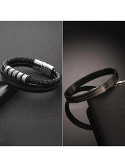 Gahan - Mens Leather Bracelet and Black Stainless Steel Kada Bracelet (Pack of 2)