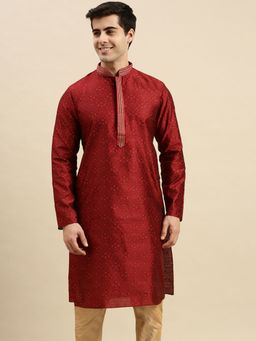 Sanwara - Mens Maroon Embroidered Long Sleeve Art Silk Elegant Kurta