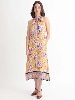 RAREISM - Xander Floral Print Tie-Up Neck A-Line Dress