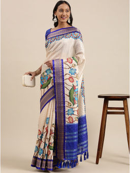 Yavira Silk - Cream & Blue Woven Border Printed Saree with Unstitched Blouse
