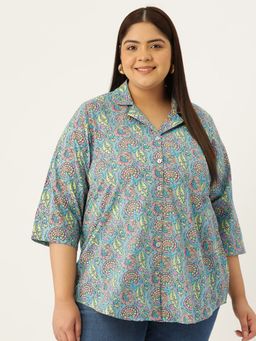 theRebelinme - Plus Size Womens Grey Floral Print Casual Shirt