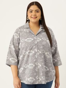 theRebelinme - Plus Size Womens Grey Monotone Floral Print Casual Shirt