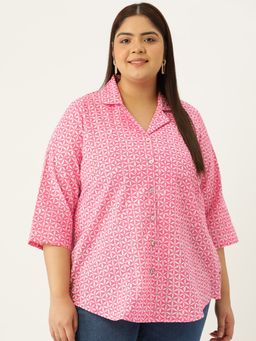 theRebelinme - Plus Size Womens Pink Floral Print Casual Shirt