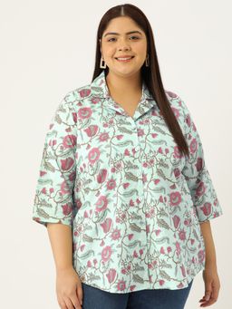 theRebelinme - Plus Size Womens Sea Green Floral Print Casual Shirt