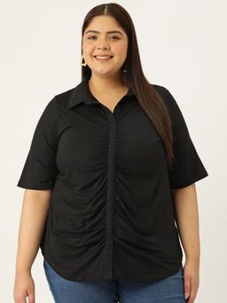 theRebelinme - Plus Size Womens Black Solid Color Shirt Style Knitted Top
