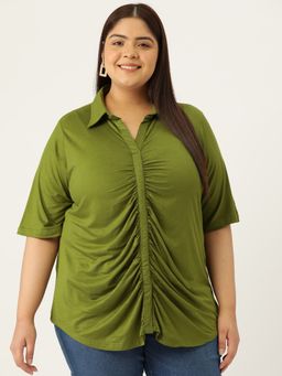theRebelinme - Plus Size Womens Olive Green Solid Color Shirt Style Knitted Top