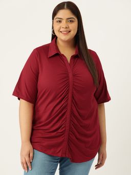 theRebelinme - Plus Size Womens Maroon Solid Color Shirt Style Knitted Top