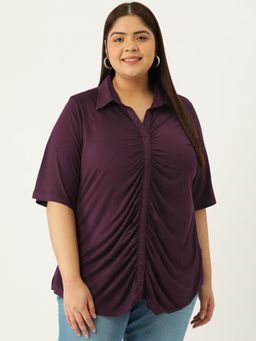 theRebelinme - Plus Size Womens Purple Solid Color Shirt Style Knitted Top