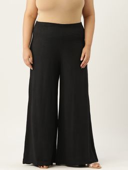 theRebelinme - Plus Size Womens Black Solid Color Flared Knitted Palazzo