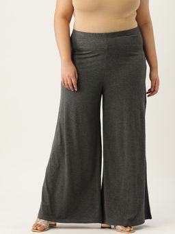 theRebelinme - Plus Size Womens Charcoal Grey Solid Color Flared Knitted Palazzo