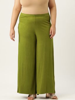 theRebelinme - Plus Size Womens Olive Green Solid Color Flared Knitted Palazzo
