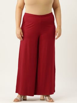 theRebelinme - Plus Size Womens Maroon Solid Color Flared Knitted Palazzo