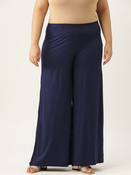 theRebelinme - Plus Size Womens Navy Blue Solid Color Flared Knitted Palazzo