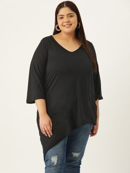 theRebelinme - Plus Size Womens Black Solid Color Asymmetrical Longline Knitted Top