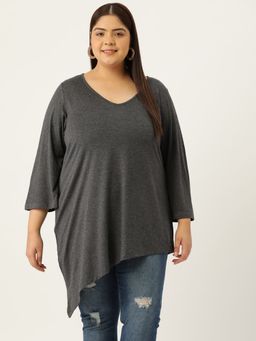 theRebelinme - Plus Size Womens Charcoal Grey Solid Asymmetrical Longline Knitted Top