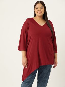 theRebelinme - Plus Size Womens Maroon Solid Color Asymmetrical Longline Knitted Top