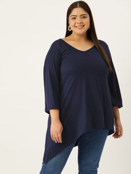 theRebelinme - Plus Size Womens Navy Blue Solid Color Asymmetrical Longline Knitted Top
