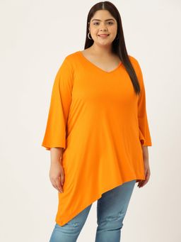 theRebelinme - Plus Size Womens Orange Solid Color Asymmetrical Longline Knitted Top