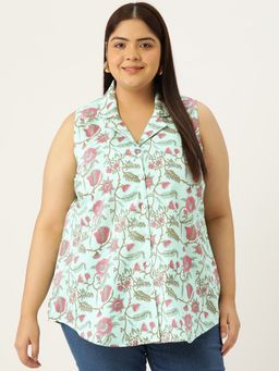 theRebelinme - Plus Size Womens Sea Green Floral Print Sleeveless Casual Shirt