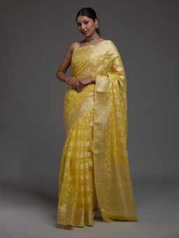 Koskii - Yellow Zari Work Art Silk Saree with Unstitched Blouse