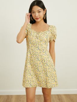Pomelo - Floral Print Puffed Sleeve Mini Dress Multi-Color