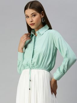 SHOWOFFFF - Women Shirt Collar Solid Sea Green Crop Top