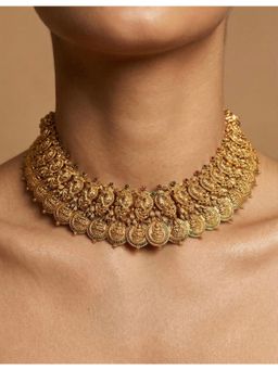 Prestones - Antique Finish Lakshmi Coin Multicolour Necklace with Earrings