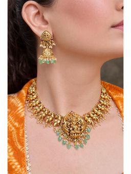 Prestones - Gold Finish Lakshmi Temple Multicolor Necklace with Earrings