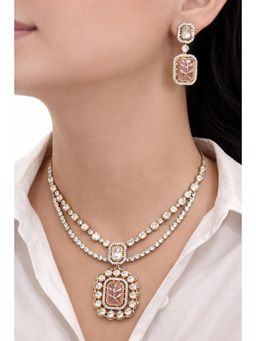 Prestones - Blush Polki Floral White Necklace with Earrings