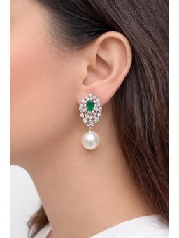 Prestones - Emerald Pearl Drop Zircon Green Earrings