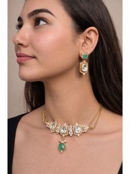 Prestones - Emerald Drop Polki White Necklace with Earrings