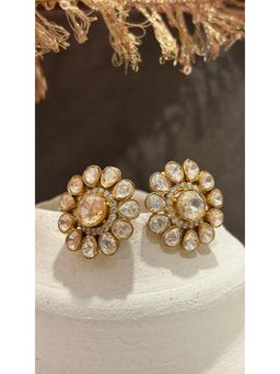 Prestones - Champagne Floral Polki Studs White Earrings